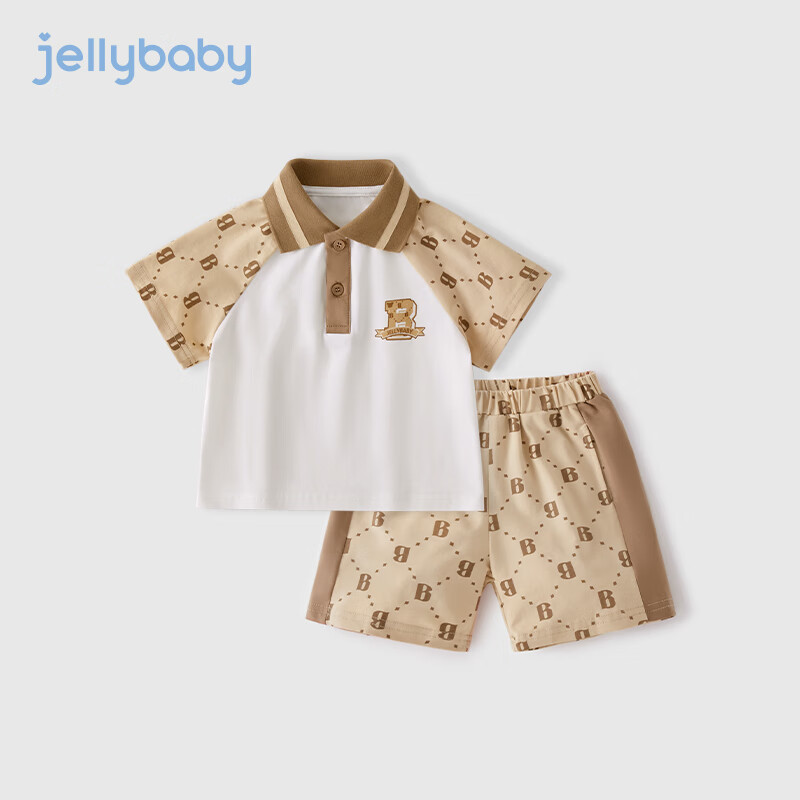 JELLYBABY儿童服装2024洋气POLO宝宝短裤两件套男童夏装套装 卡其 120cm