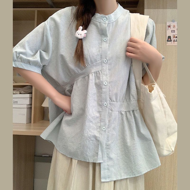 AHKA日系慵懒格子衬衫女夏季规则短袖衬衣泡泡袖小清新显瘦圆领上衣 浅绿色 XL