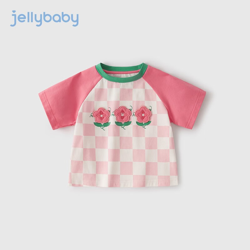 JELLYBABY女童夏装2024宝宝短袖上衣夏季3岁儿童t恤女 粉色 90cm