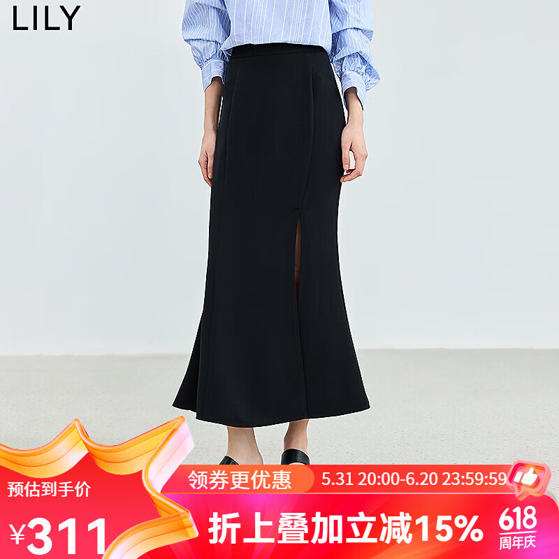 LILY2024夏季修身气质款鱼尾半身裙显高显瘦开叉包容感针织裙 510黑色 L
