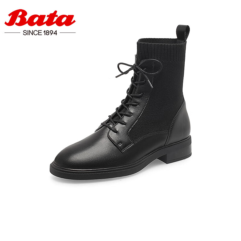 Bata马丁靴女冬商场牛皮英伦软底弹力靴瘦瘦中靴AKL60DZ2 黑色 32