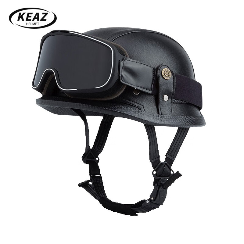 KEAZ摩托车头盔复古半盔德式钢盔3C认证电动车帽四季通用头盔男女 复古黑配复古风镜 XL