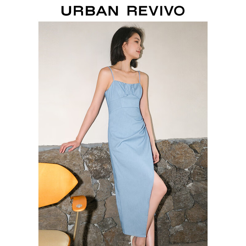 UR2024夏季女装设计感收腰褶皱开衩吊带连衣裙UWG840192 蓝色 S