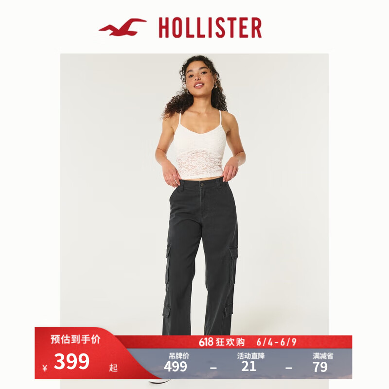 HOLLISTER24夏季美式4口袋高腰宽松休闲工装裤 女 KI356-4130 黑色 150/64A