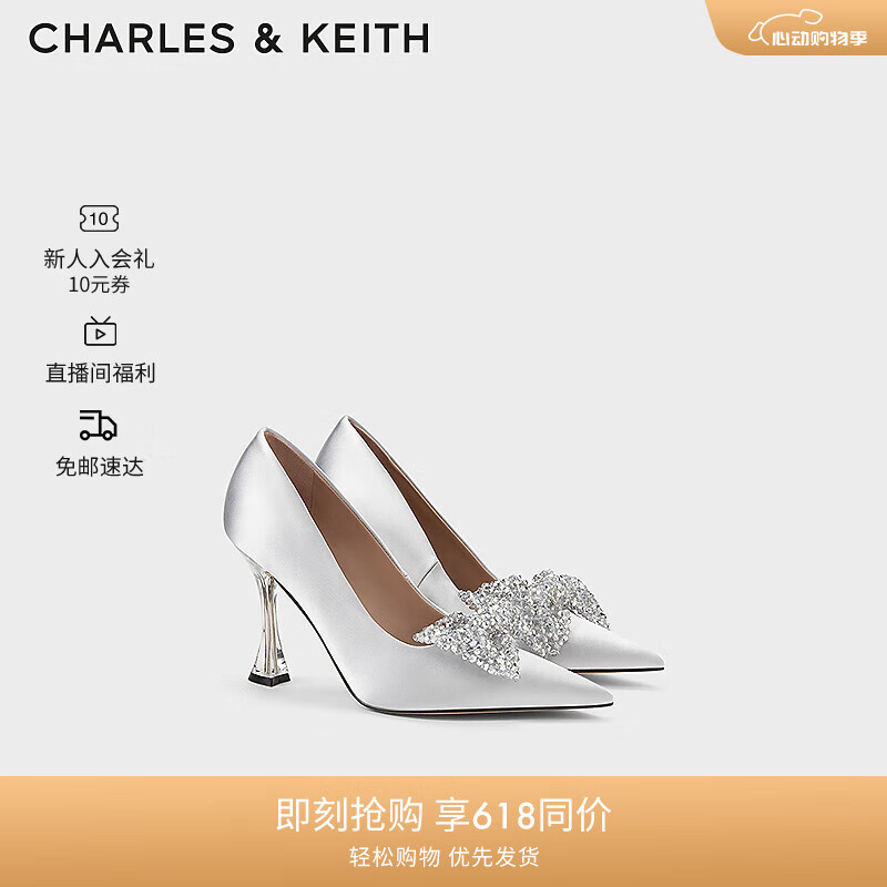 CHARLES&KEITH24夏尖头蝴蝶结高跟鞋单鞋婚鞋女SL1-60280459 Silver银色 37