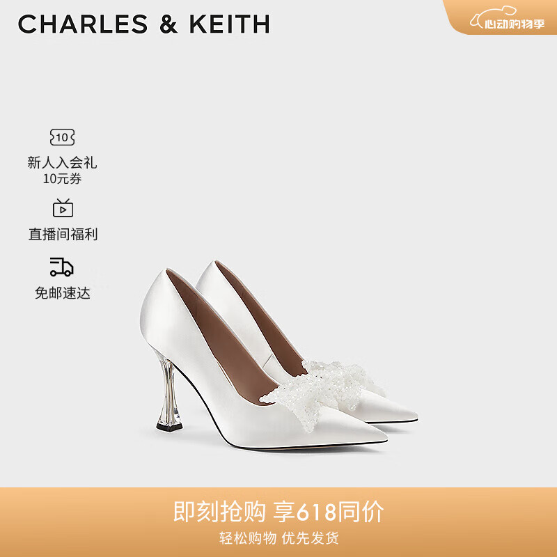 CHARLES&KEITH24夏尖头蝴蝶结高跟鞋单鞋婚鞋女SL1-60280459 White白色 37