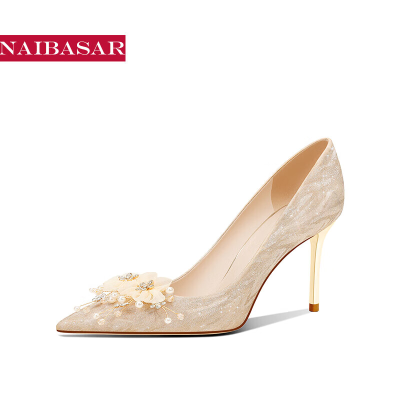 NAIBASAR 水晶高跟鞋女18岁成人礼细跟高级感婚鞋日常通勤银色单鞋女 香槟 8cm 36