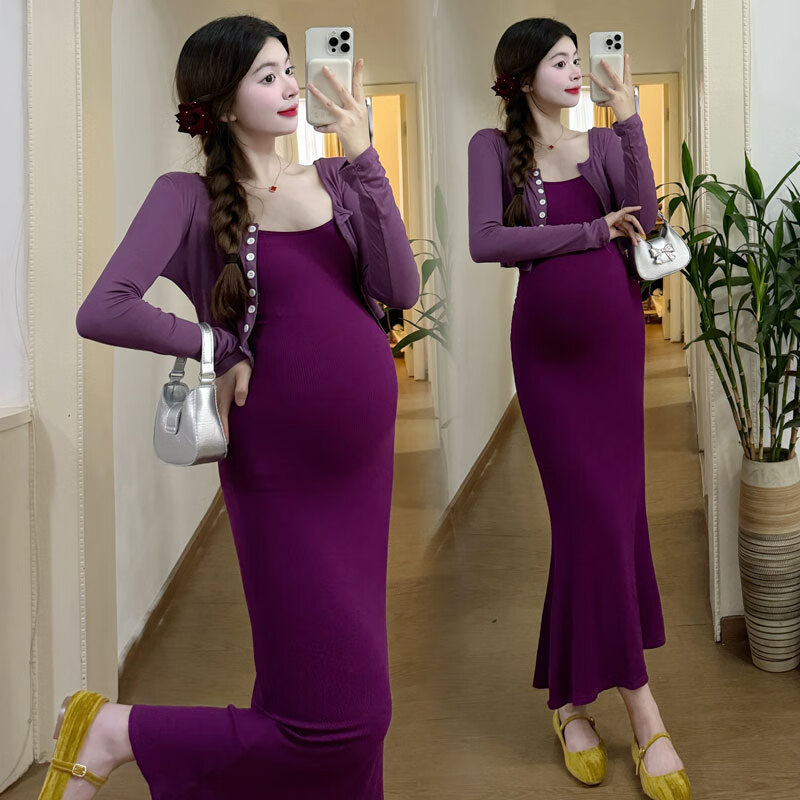 乌拓连衣裙长款春秋小个子裙子2024辣妈吊带内搭紧身夏装 紫色开衫+紫色吊带裙 XXL