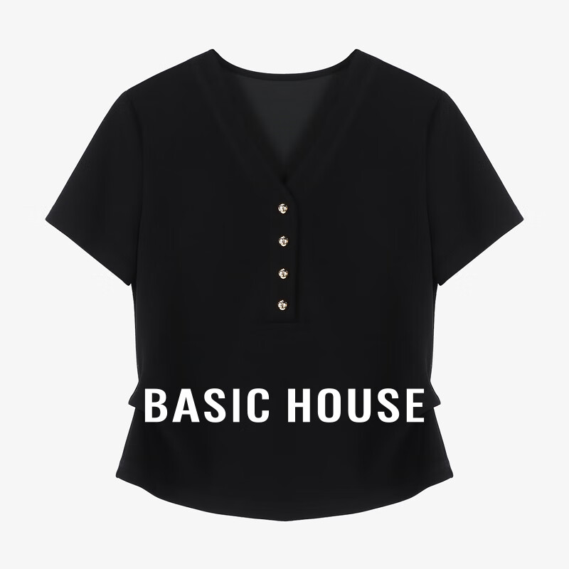 Basic House/百家好夏款时尚不规则夏季小众T恤-B0624A51032 黑色 S85-105斤