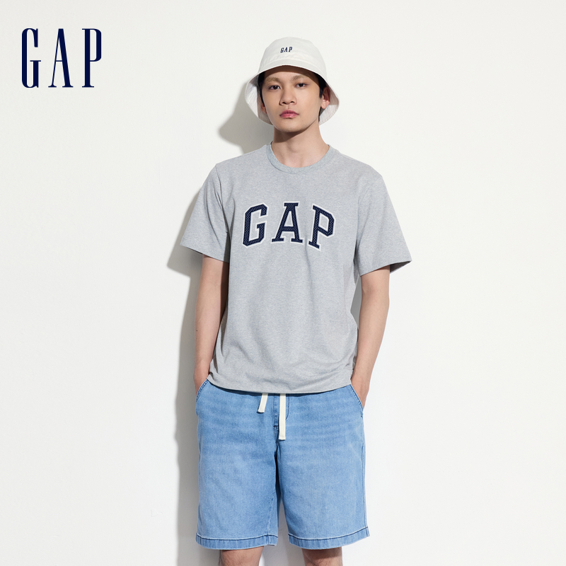 Gap男女装2024夏季棉质拼接logo圆领短袖T恤宽松上衣460841