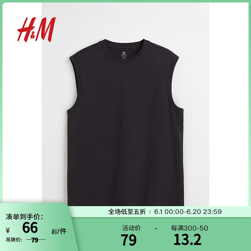 H&M男装2024夏季新款圆领休闲COOLMAX标准版型背心1071837 黑色 175/100 M