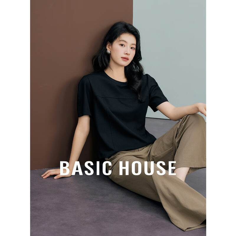 百家好（Basic House）明线拼接纯色T恤夏季女小众短袖上衣2024 黑色 M