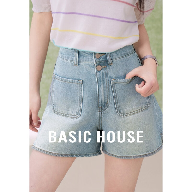 百家好（Basic House）大口袋水洗牛仔短裤女夏季高腰A字阔腿裤显瘦B0624B5U102 蓝色 S
