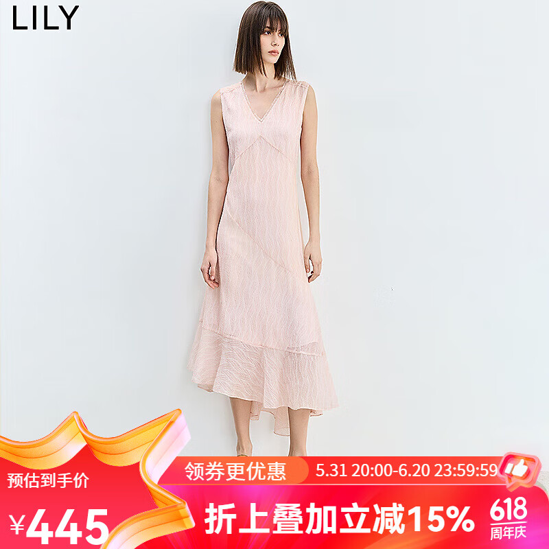 LILY2024夏季一片式设计感不对称温柔淡粉轻盈飘逸无袖连衣裙 128水粉色 L