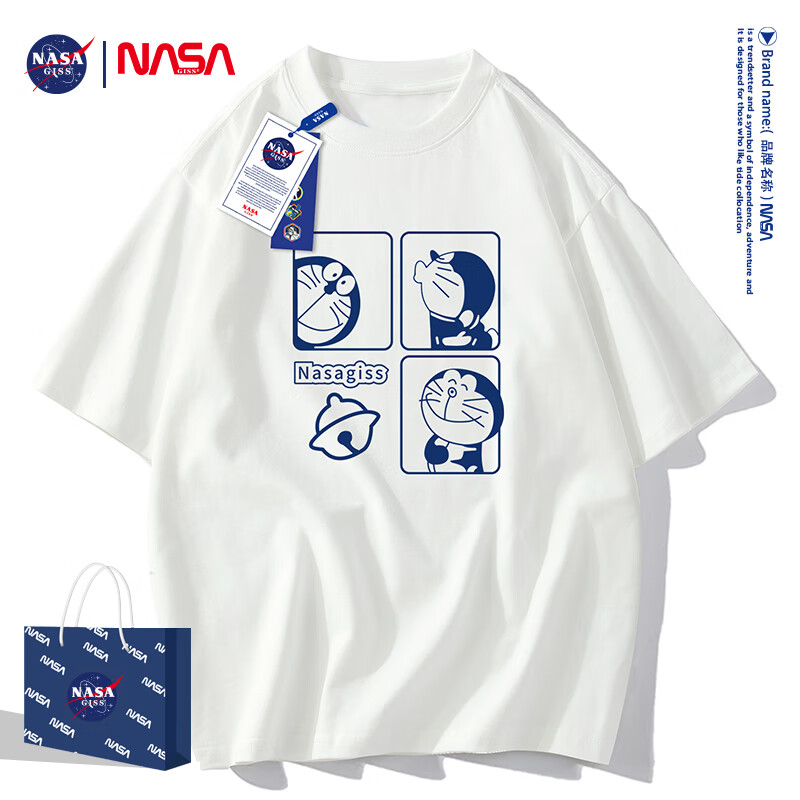 NASA GISS潮牌联名款短袖t恤男宽松舒适动漫装青少年纯棉上衣ins男装 四方格机器猫白色 L 130-150斤