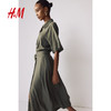 H&M HM 女裝連衣裙2024夏季 新款垂感短袖腰部系帶襯衫式中長裙1217576