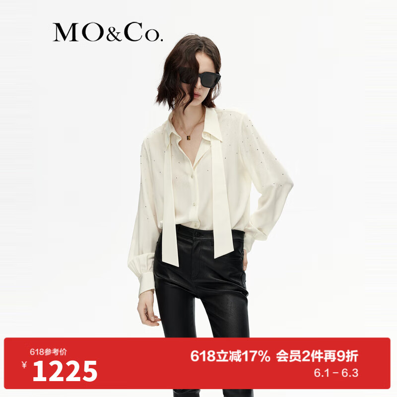 MO&Co.春夏【桑蚕丝】独立领带钉珠钻饰米白色衬衫上衣MBC4SHT006 米白色 M/165