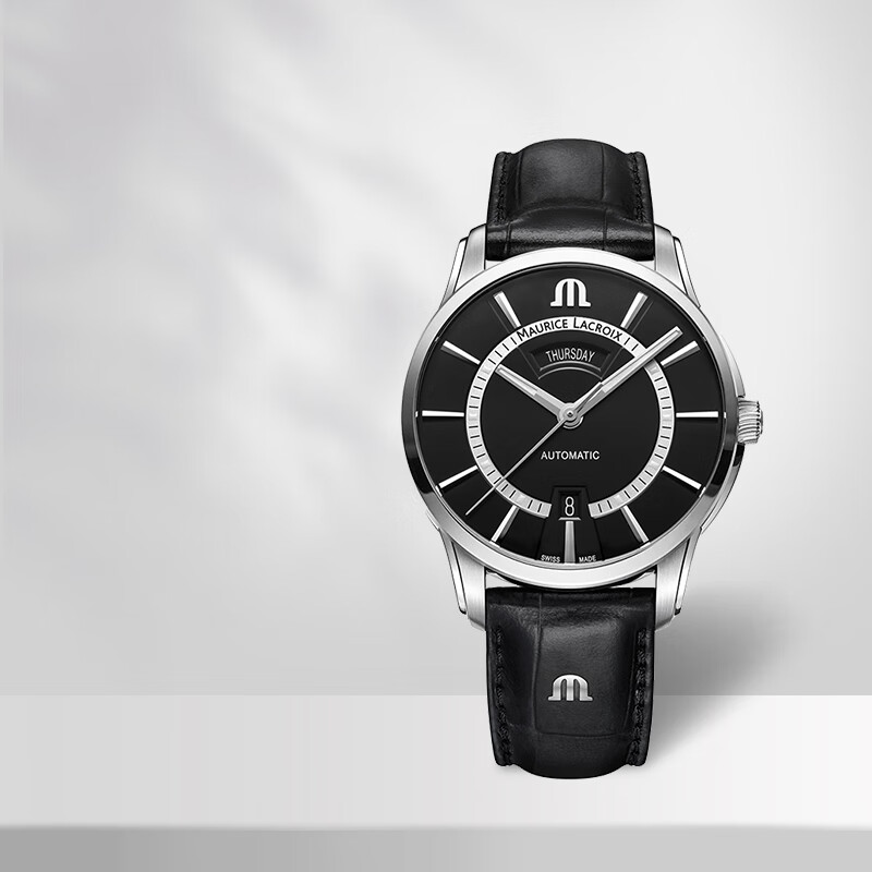 艾美表（MAURICE LACROIX）瑞士男士手表机械机芯三色可选奔涛系列腕表 黑面皮带款 41mm 
