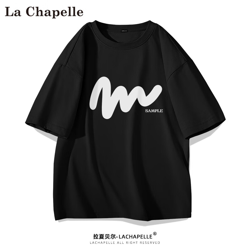 拉夏贝尔（La Chapelle）纯棉T恤男2024年夏季设计感小众休闲短袖上衣印花宽松圆领体恤衫 粗体线条#黑 XL【体重120斤-140斤】