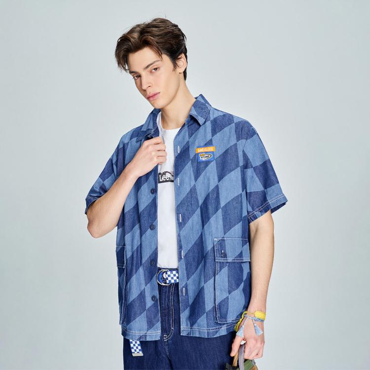 XLINE23春夏舒适版中蓝斜纹格轻薄男短袖衬衫