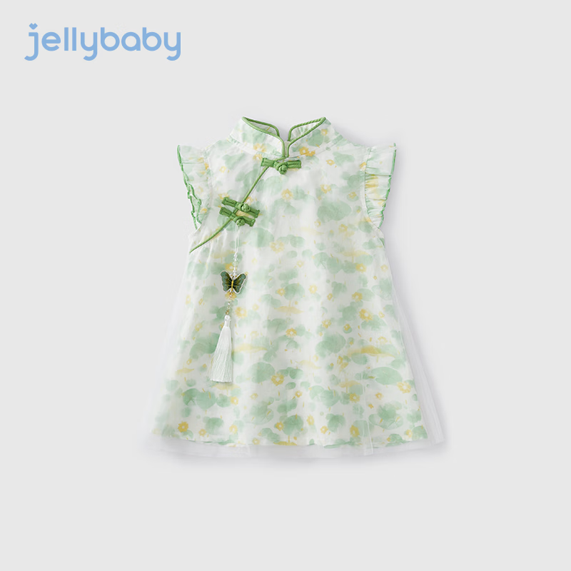 JELLYBABY国风旗袍女童夏季2024儿童新中式唐装连衣裙三岁宝宝夏款裙子 绿色 90CM