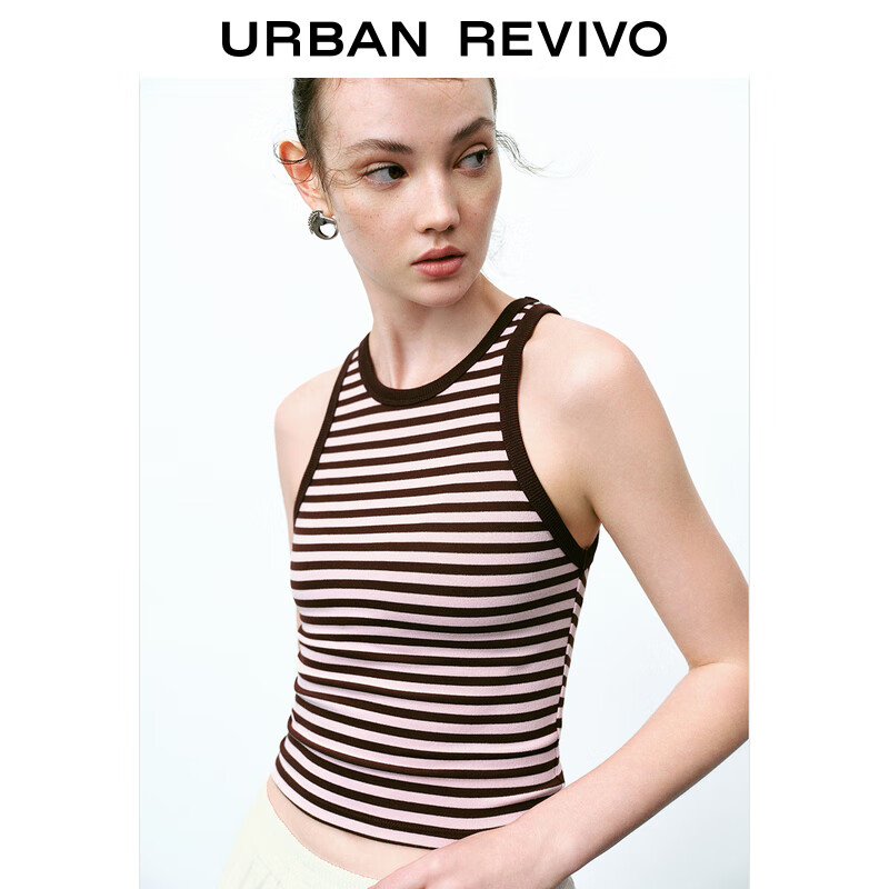 UR2024夏季女装都市休闲撞色条纹无袖圆领T恤UWU440107 裸粉条纹 XL