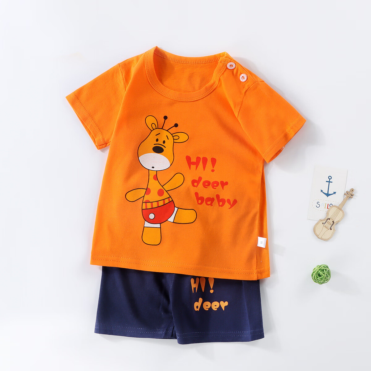 小还美纯棉夏季儿童套装半袖儿童T恤运动居家服 橘色福鹿 90cm