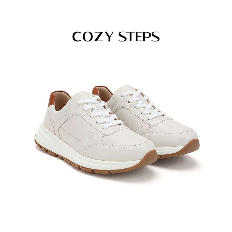 COZY STEPS可至休闲运动鞋女圆头系带轻盈厚底头层牛皮小白鞋女款