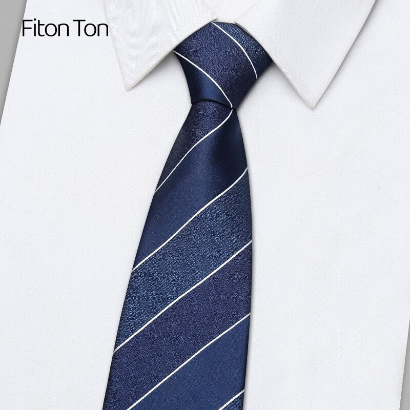 FitonTon领带男正装男士商务手打7CM面试上班工作结婚韩版休闲领带礼盒装FTL0017 深蓝白条纹