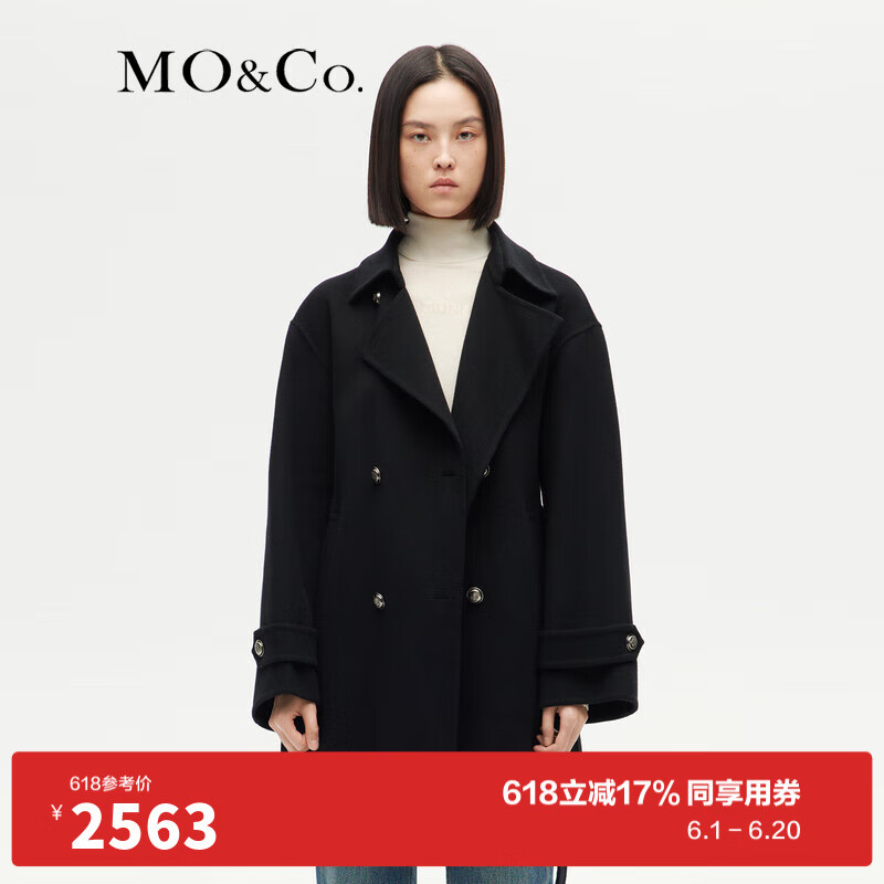 MO&Co.2023冬【美丽诺绵羊毛】复古大衣外套MBC4OVC009附腰带 黑色 XS/155