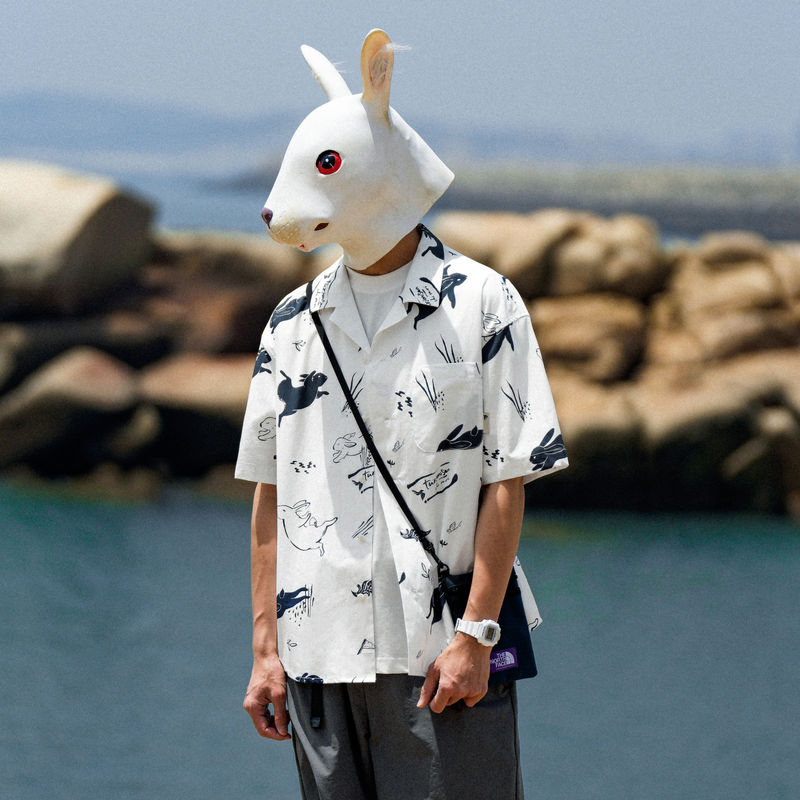 RabbitHouse复古潮流兔子满印高密珠地棉薄短袖衬衫男装休闲衬衣