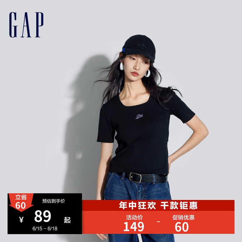 Gap女装2024夏季亲肤柔软logo镂空方领短袖T恤多色上衣890006 黑色 165/84A(M) 亚洲尺码