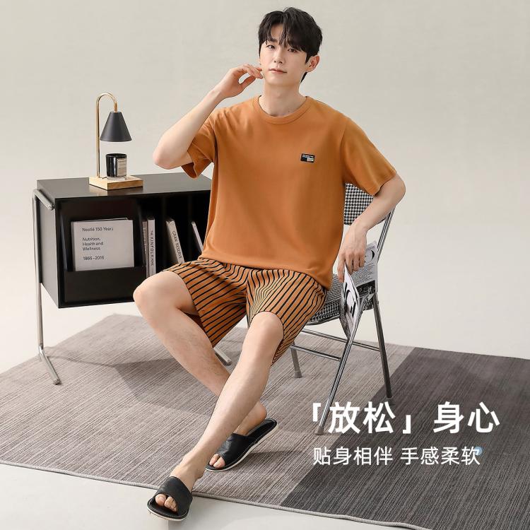 【100%棉】夏季纯棉薄款条纹休闲风短袖男士睡衣套装家居服男
