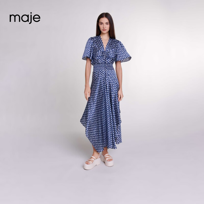 Maje2024夏季女装时尚气质蓝色V领印花连衣裙长裙MFPRO03671 蓝色 T34