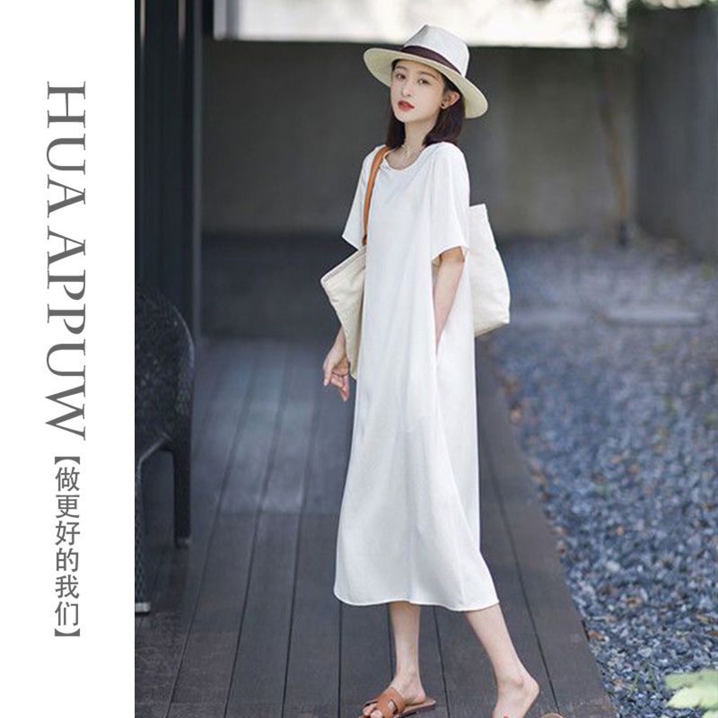画朴法式高级白色宽松连衣裙女装2024春夏季短袖气质初恋裙子