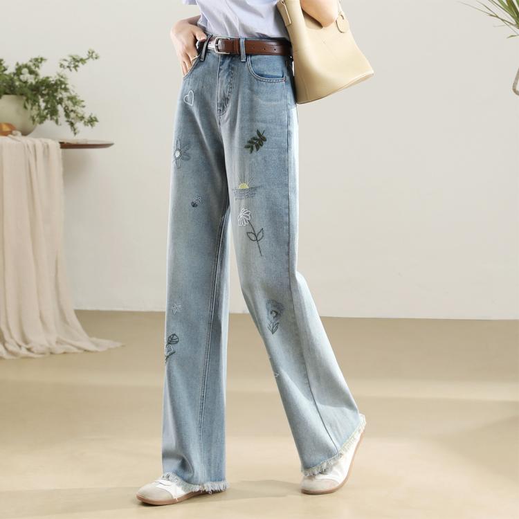 时尚减龄拖地牛仔裤女24夏季趣味刺绣时髦显瘦薄款阔腿裤