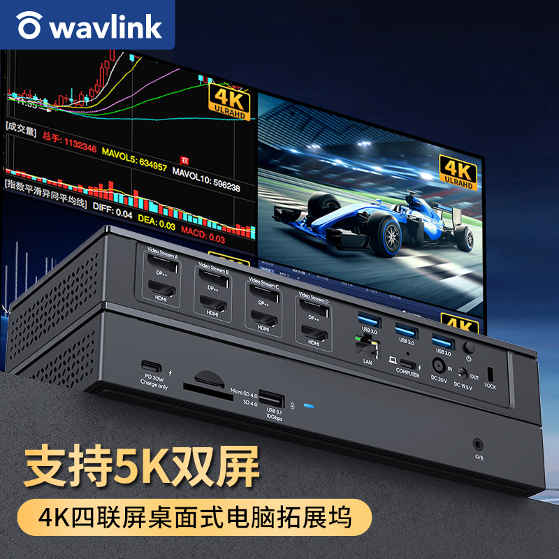 睿因（WAVLINK） USB-C转HDMI/DP扩屏显卡外置四屏4K/5K拓展坞通用雷电多屏分屏器 21合1企业级扩展坞HDMI+DP音视频同步传输