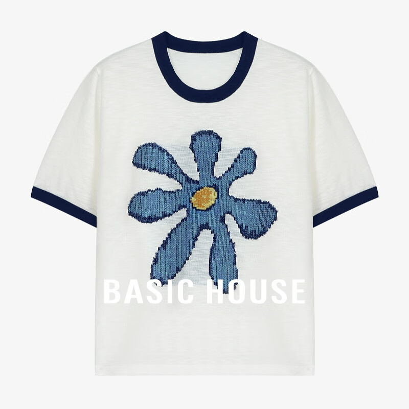 百家好（Basic House）撞色夏季潮流设计感圆领短袖针织衫女 莹白色 M
