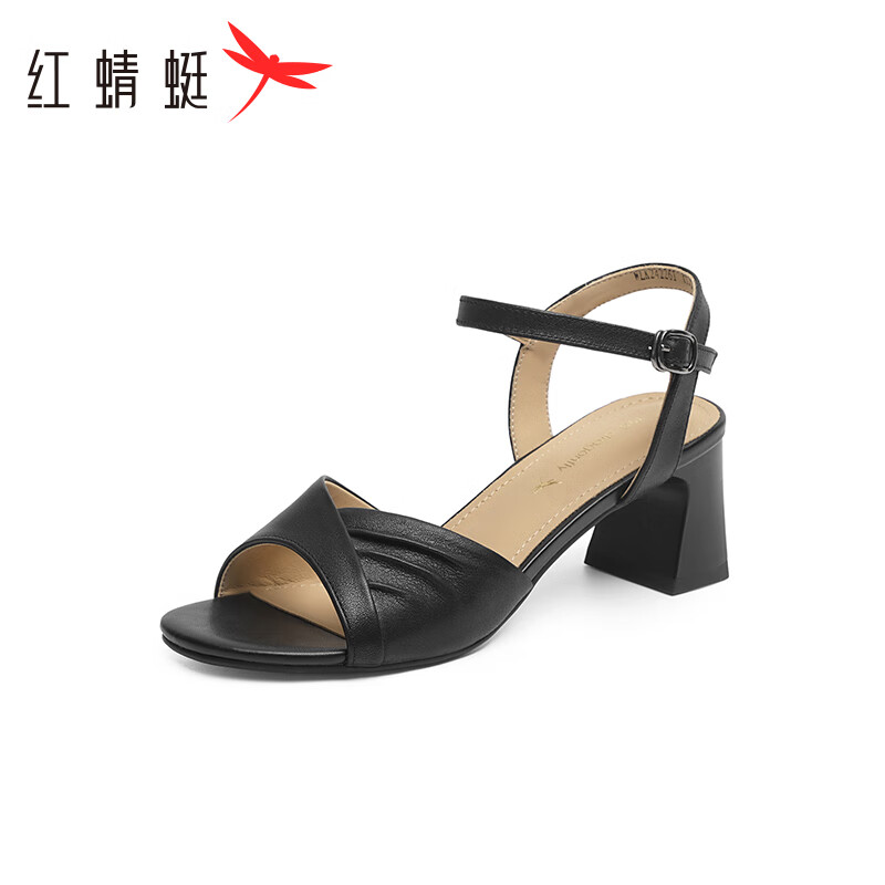 红蜻蜓粗跟凉鞋女款2024夏季女鞋法式气质女士高跟鞋WLK24226 黑色 37