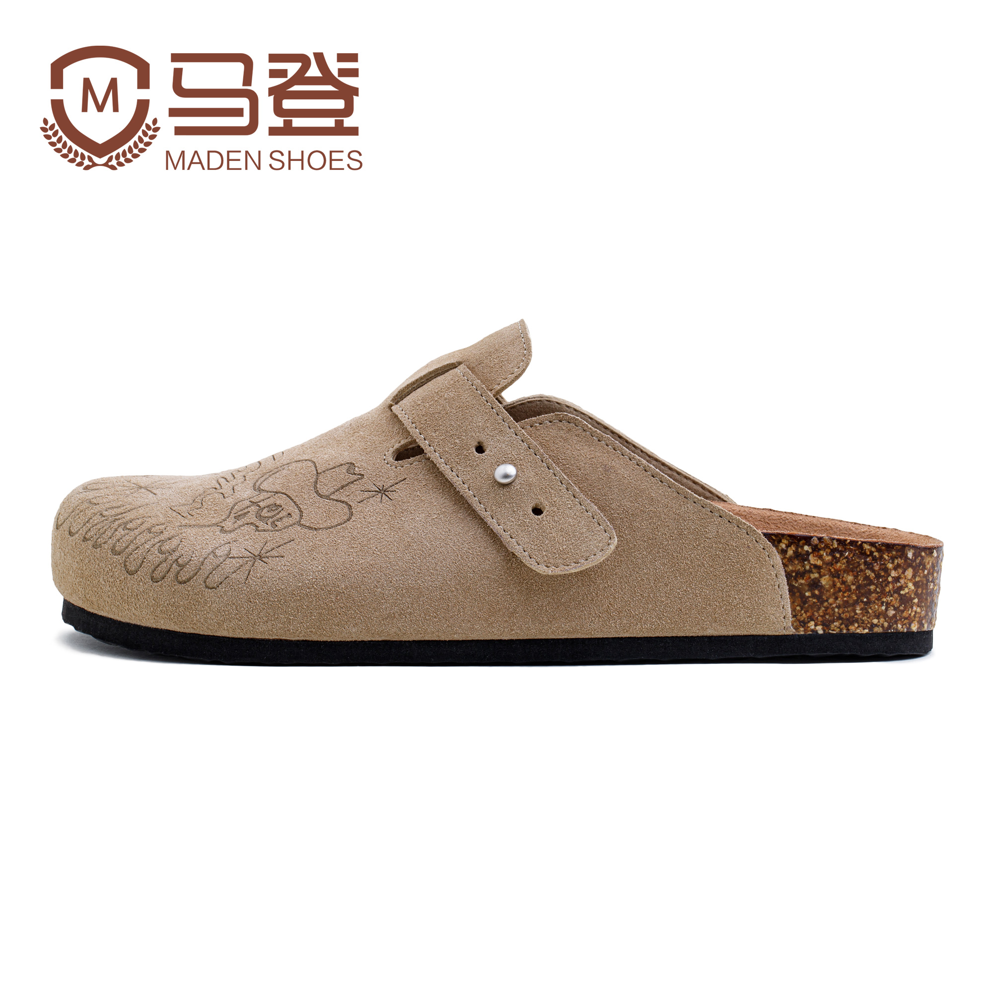 马登插画版穆勒鞋半拖男夏季厚底外穿钓鱼平底真皮包头凉拖鞋
