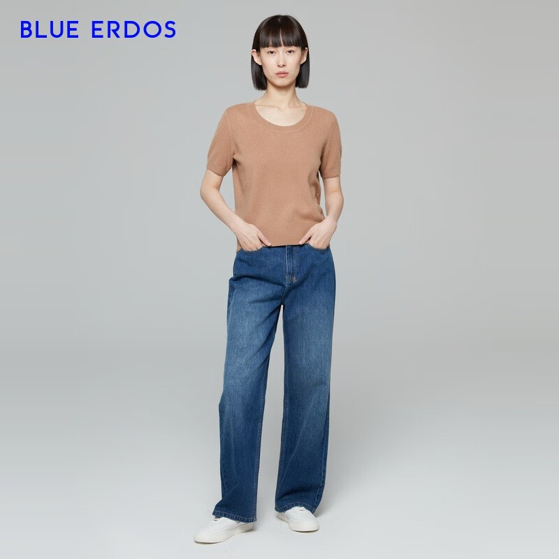 BLUE ERDOS女装纯羊绒舒适百搭圆领半袖针织衫女 蘑菇驼 175/92A/XL