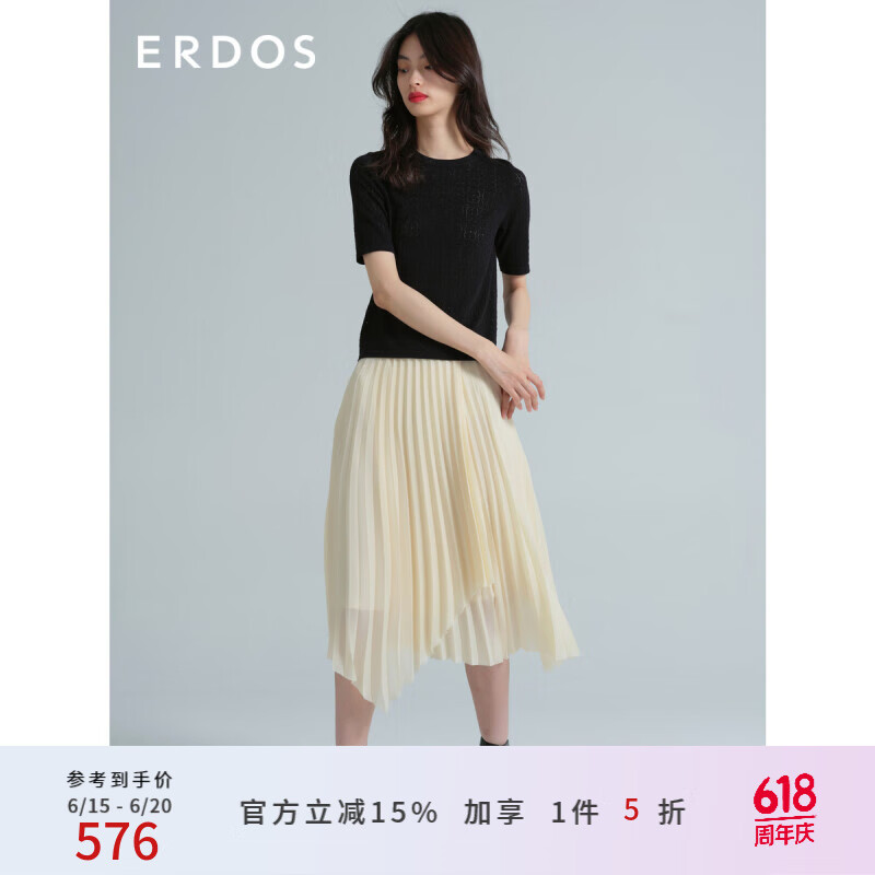 ERDOS 春夏幸运草镂空精纺圆领女短袖针织T恤