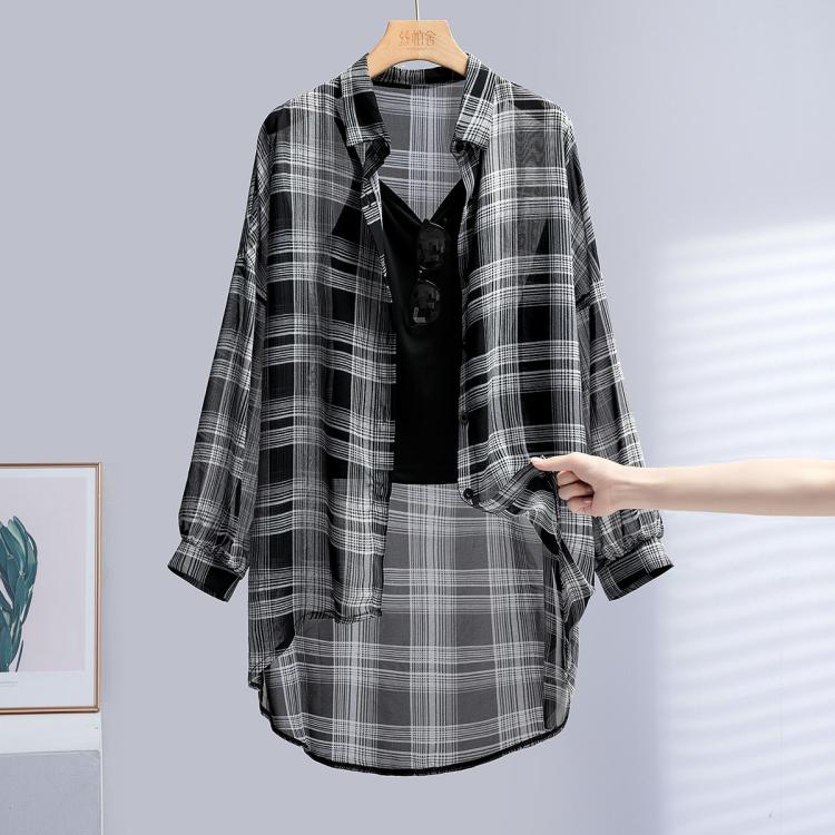 【撞色薄款格子空调衫】夏装女士时尚翻领长袖简约中长款休闲衬衫