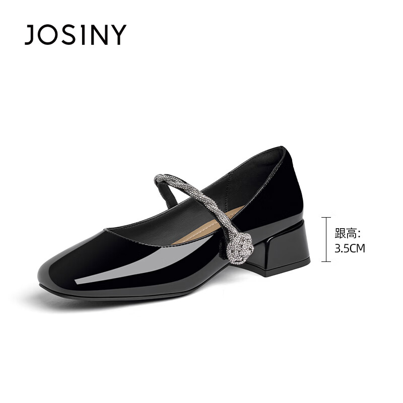 卓诗尼法式粗跟女款钻带扭结时尚百搭气质舒适玛丽珍鞋 黑色 34