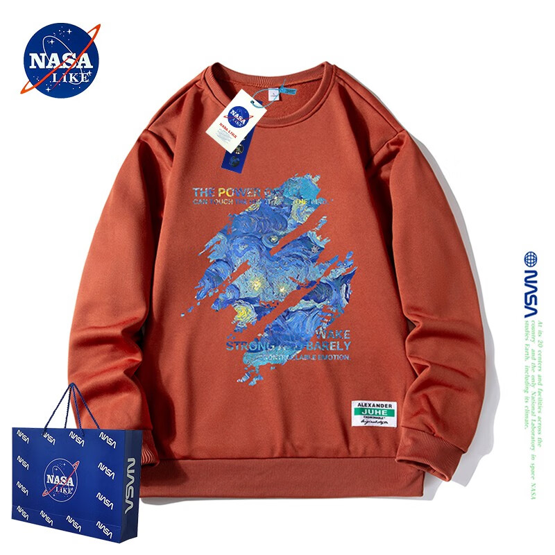 NASA LIKE 潮牌卫衣男春秋季潮流印花圆领长袖t恤男士落肩袖加绒打底衫 砖红 4XL（155-180斤）