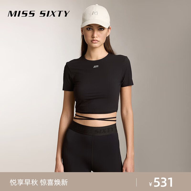 MISS SIXTY2024秋季新款短袖T恤女圆领系带印花高街休闲百搭运动 黑色
