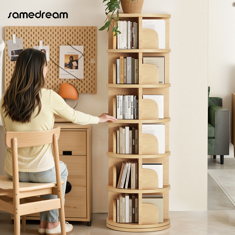 全实木旋转书架落地柜家用客厅靠墙置物简易储物柜子儿童书柜