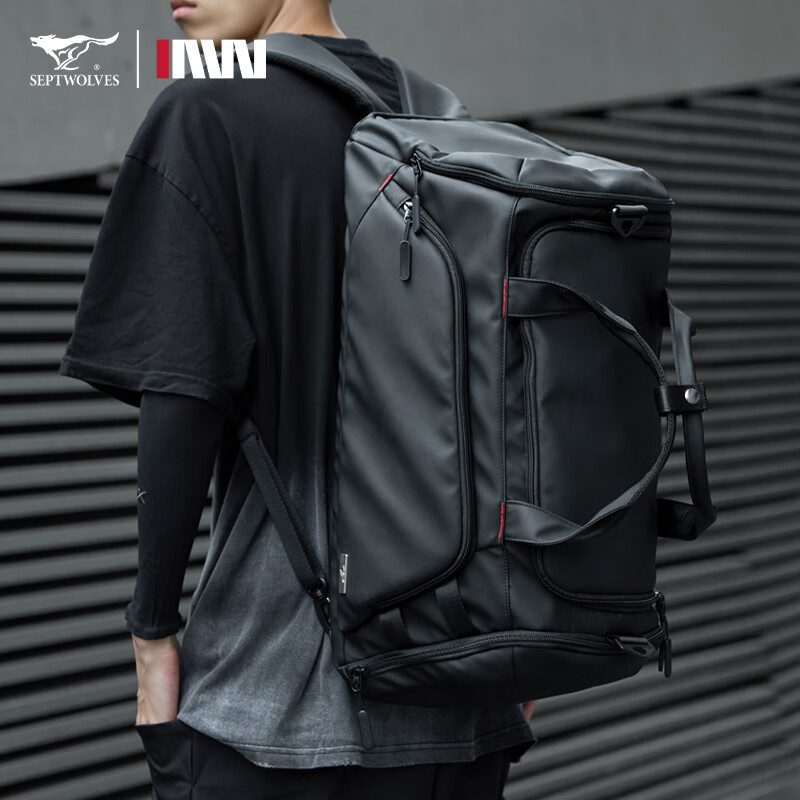 七匹狼大容量行李双肩背包手提旅行包男短途出差包干湿分离训练运动 黑色皮膜款