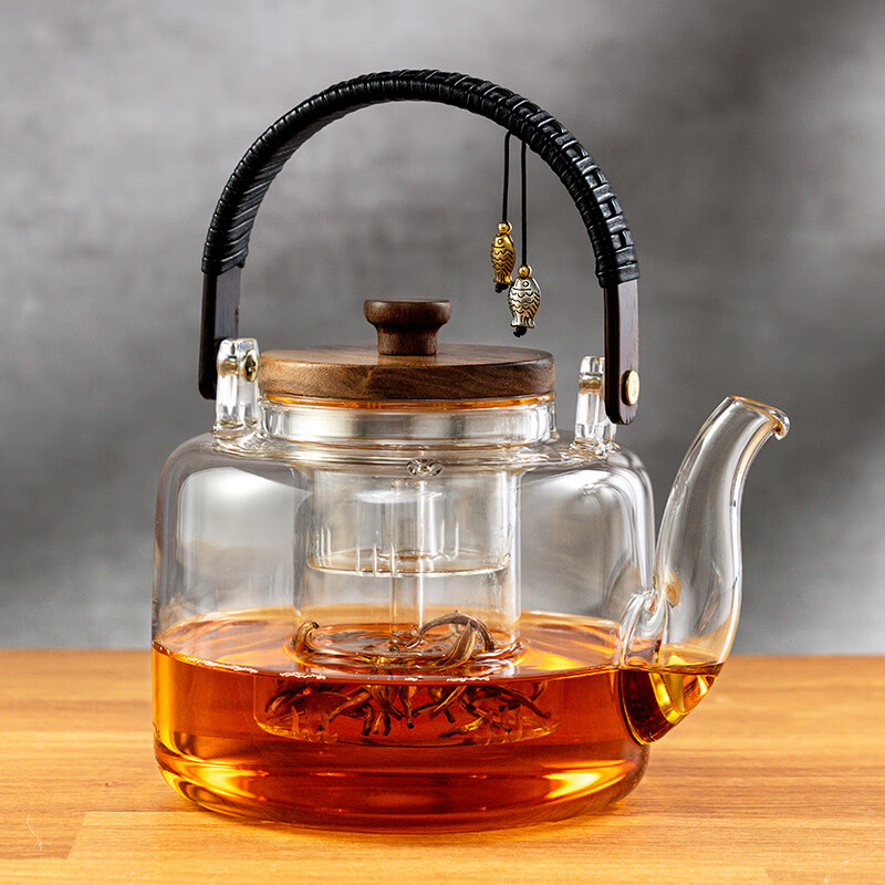雅集耐热玻璃茶壶茶具提梁壶煮茶器茶水分离蒸煮二用木把提梁壶1300ml 木盖提梁壶（双内胆）