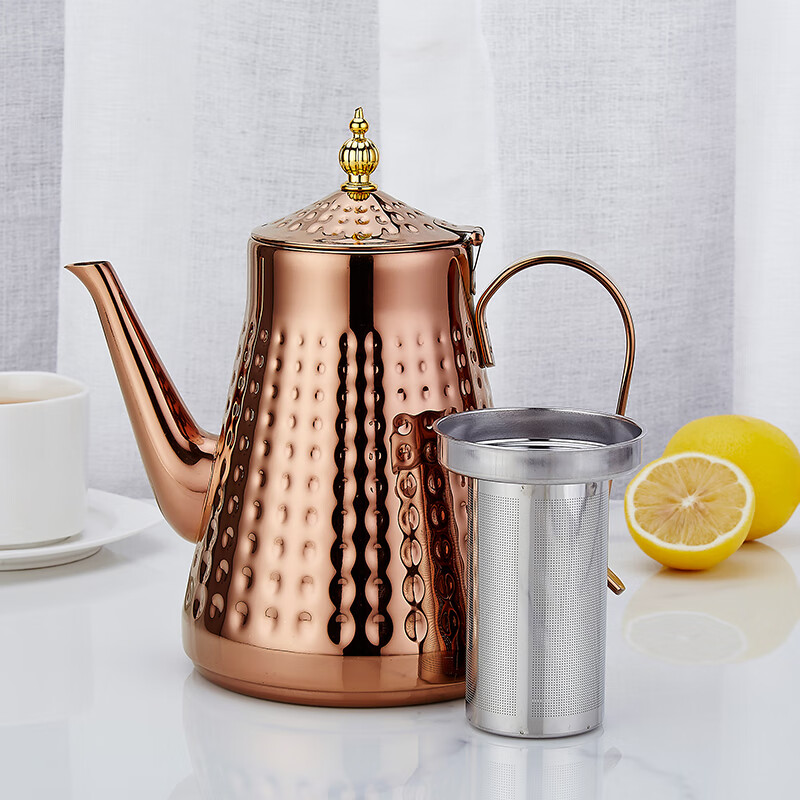 三洽加厚不锈钢茶壶带滤网餐厅商用仿古金色茶水壶家用冷水壶泡茶壶 铜色 1.8L